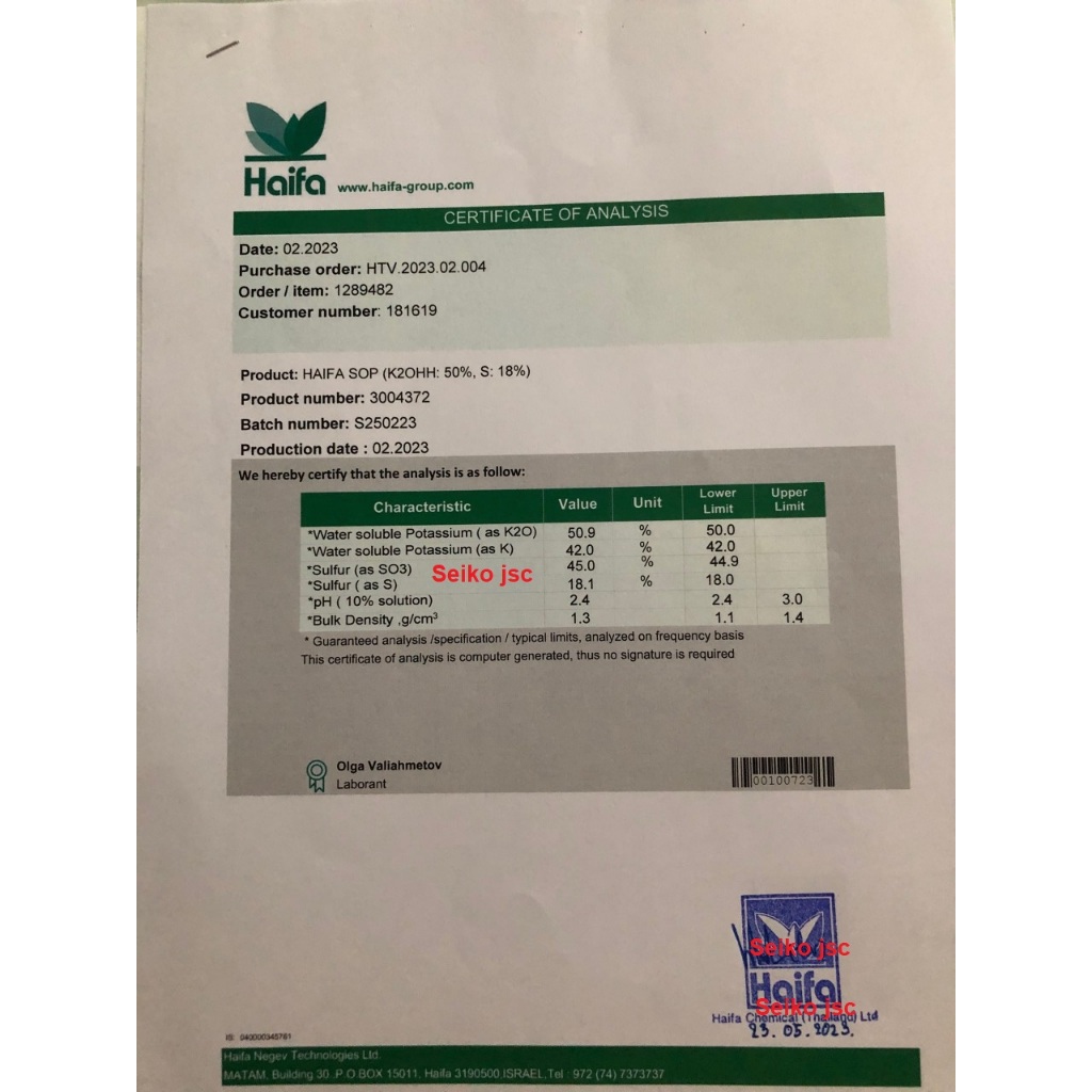 Phân bón Haifa SOP Kali Sulfat (K2SO4) 0-0-50+ 18S (50gr) giúp cứng cây, tăng độ ngọt,hương vị và màu sắc của nông sản