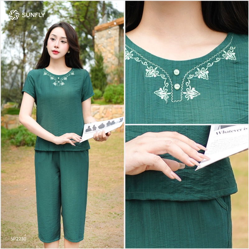 Ảnh Đồ bộ mặc nhà nữ linen SUNFLY áo cộc quần ngố SP2230 3