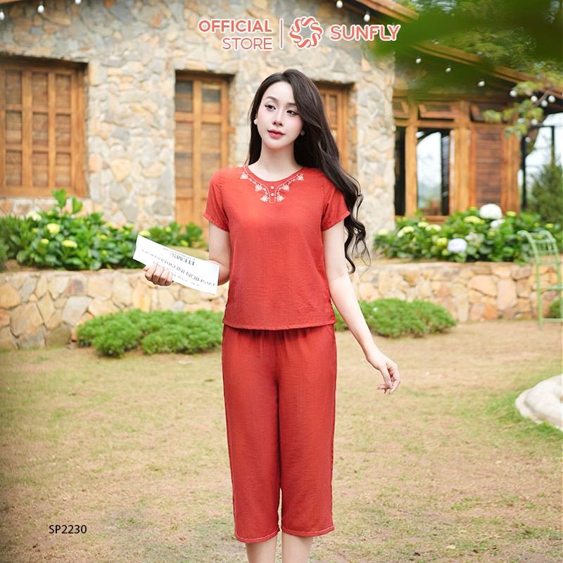 Ảnh Đồ bộ mặc nhà nữ linen SUNFLY áo cộc quần ngố SP2230 4