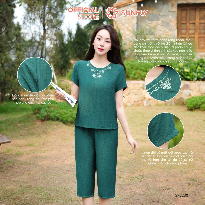 Ảnh Đồ bộ mặc nhà nữ linen SUNFLY áo cộc quần ngố SP2230 1