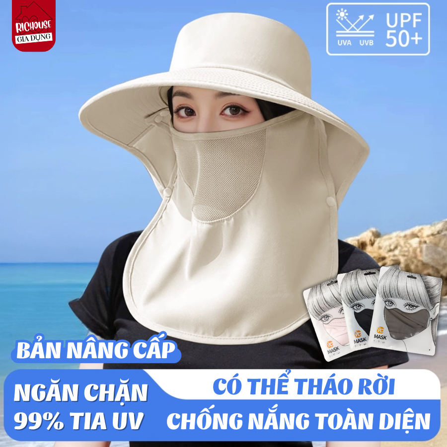 Mũ Chống Nắng Chống 99% Tia UV Kèm Khẩu Trang Che Cổ Tháo Rời Thoáng Khí, Chống Bụi Hiệu Quả