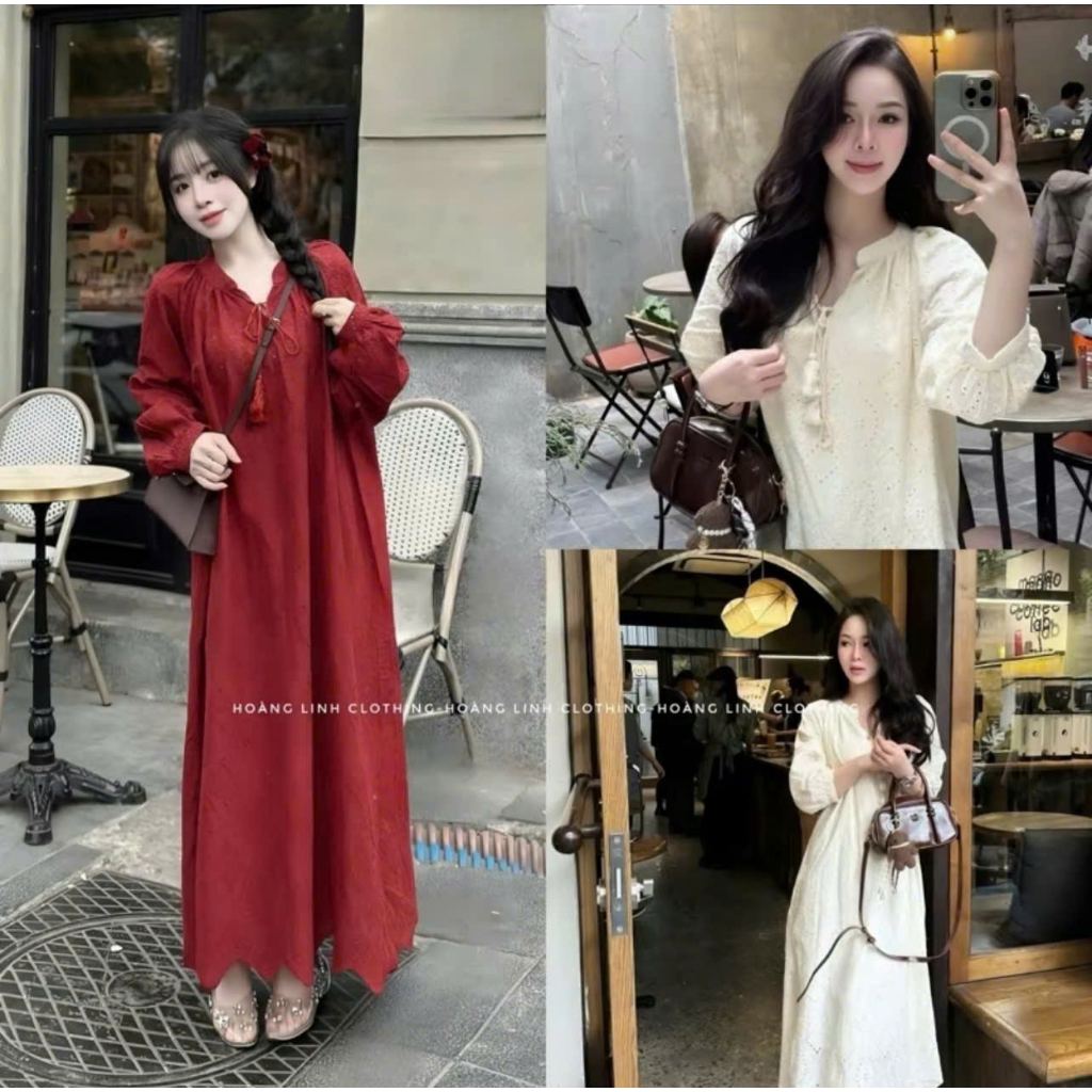 Váy Suông Dáng Dài Thêu Hoa Nhí Đục Lỗ Cổ V Buộc Dây, Đầm Maxi Nữ Vải Thô Hàn Đi Biển Du Lịch Vintage - CHAMIE STUDIO