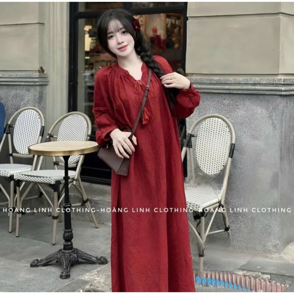 Váy Suông Dáng Dài Thêu Hoa Nhí Đục Lỗ Cổ V Buộc Dây, Đầm Maxi Nữ Vải Thô Hàn Đi Biển Du Lịch Vintage - CHAMIE STUDIO