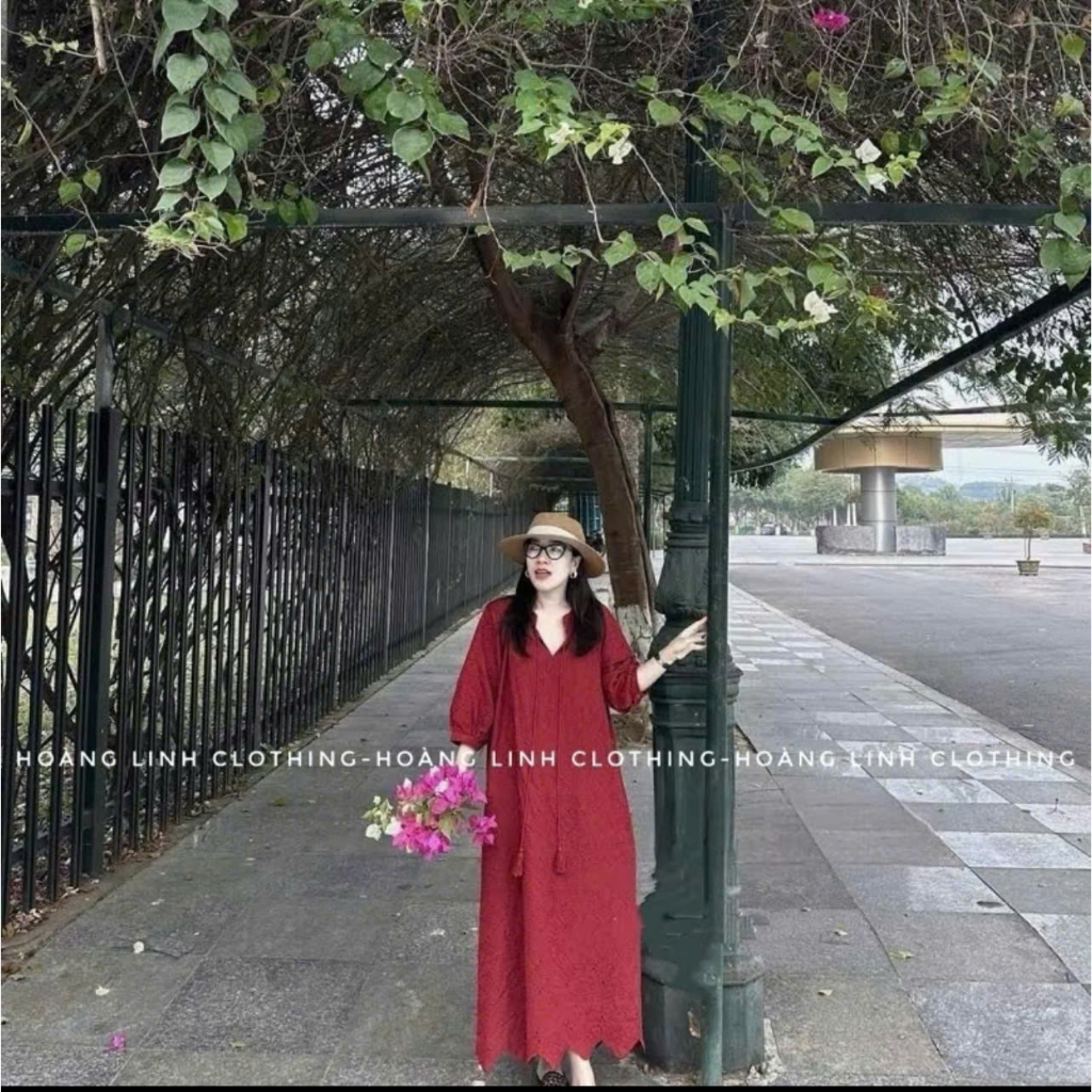 Váy Suông Dáng Dài Thêu Hoa Nhí Đục Lỗ Cổ V Buộc Dây, Đầm Maxi Nữ Vải Thô Hàn Đi Biển Du Lịch Vintage - CHAMIE STUDIO