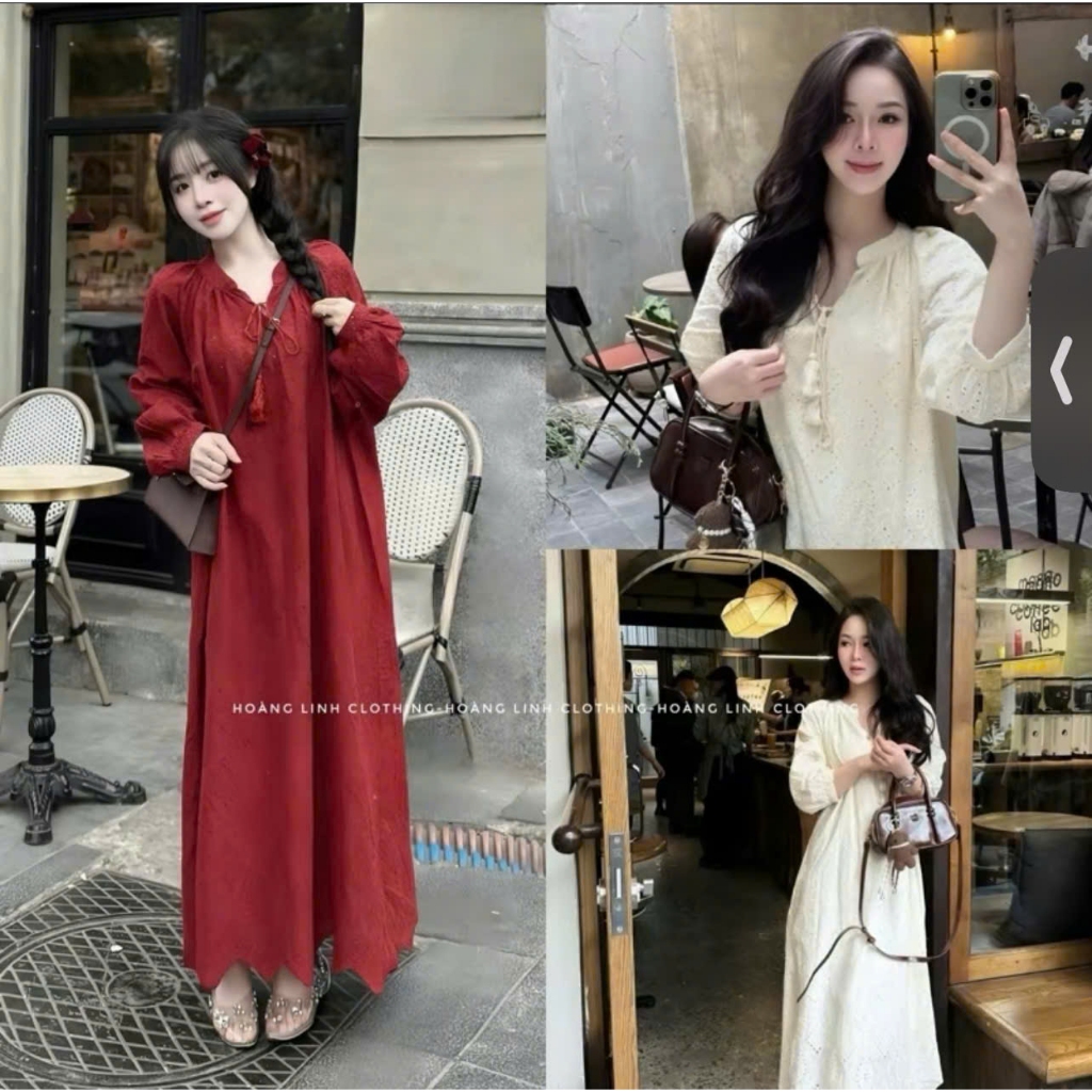 Váy Suông Dáng Dài Thêu Hoa Nhí Đục Lỗ Cổ V Buộc Dây, Đầm Maxi Nữ Vải Thô Hàn Đi Biển Du Lịch Vintage - CHAMIE STUDIO