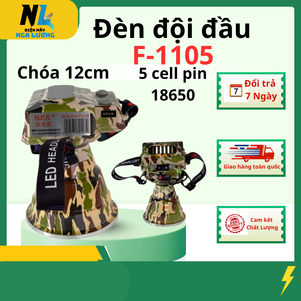 Đèn đội đầu siêu sáng GPX-F1105,chóa nhôm 12cm,5cell pin sau gáy , sáng ...