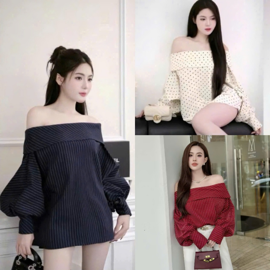 Áo kẻ xanh than trễ vai tay bồng cách điệu mix đồ cực xinh,Chất thô hàn, item hot trend dành cho nữ by Charmie - M4367