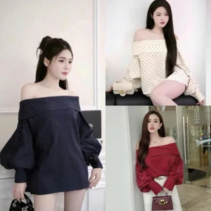 Áo kẻ xanh than trễ vai tay bồng cách điệu mix đồ cực xinh,Chất thô hàn, item hot trend dành cho nữ by Charmie - M4367