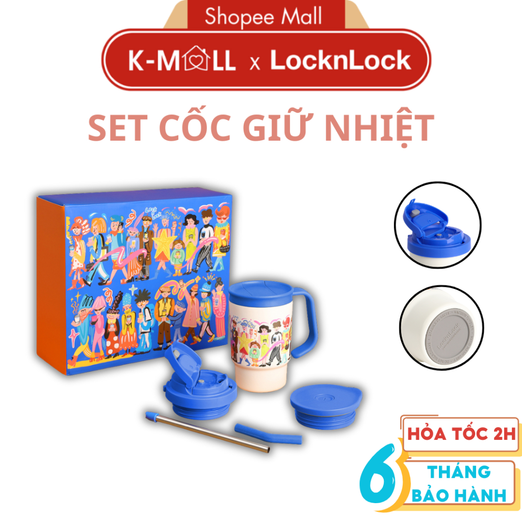 Set cốc giữ nhiệt LocknLock LHC3340BLU_TL 400ML kèm 3 nắp và ống hút, Thép Không Gỉ 304, Phủ Ceramic - K-MALL