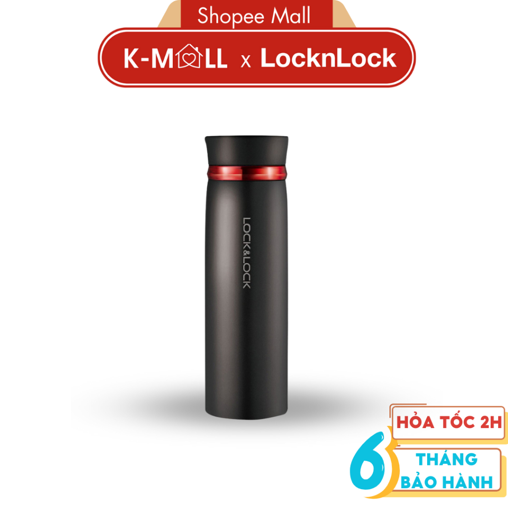 Bình giữ nhiệt LocknLock 450ml Feather Light LHC4131 màu đen viền đỏ, có khay lưới lọc trà - K-MALL