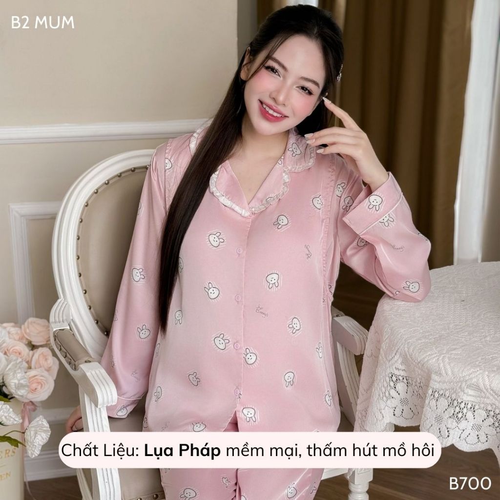 Bộ bầu mặc nhà và sau sinh chất lụa latin mềm mát áo có thiết kế vạch ngực bé ti quần có chun chỉnh bụng - B700 B2MUM