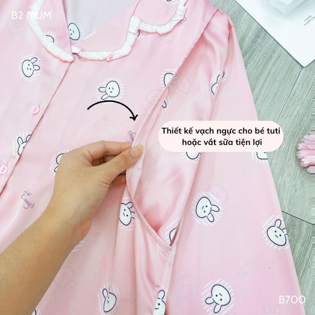 Bộ bầu mặc nhà và sau sinh chất lụa latin mềm mát áo có thiết kế vạch ngực bé ti quần có chun chỉnh bụng - B700 B2MUM