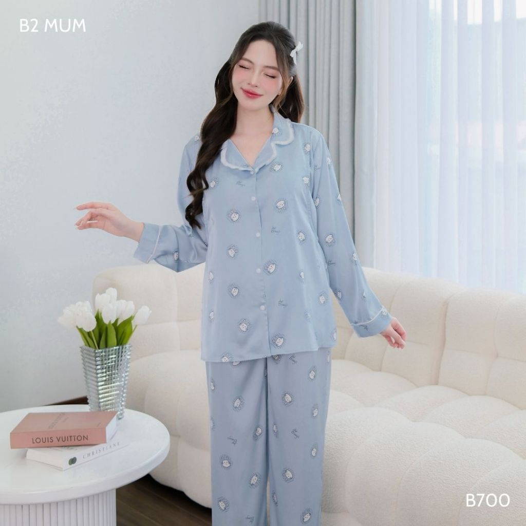 Bộ bầu mặc nhà và sau sinh chất lụa latin mềm mát áo có thiết kế vạch ngực bé ti quần có chun chỉnh bụng - B700 B2MUM