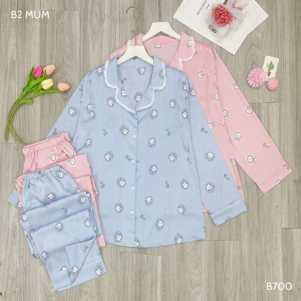 Bộ bầu mặc nhà và sau sinh chất lụa latin mềm mát áo có thiết kế vạch ngực bé ti quần có chun chỉnh bụng - B700 B2MUM