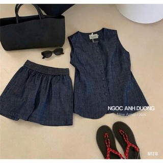 Set bộ thời trang tuổi teen vải jeans cứng áo sát nách cổ tròn phối quần đùi ống rộng lưng chun cá tính trẻ trung