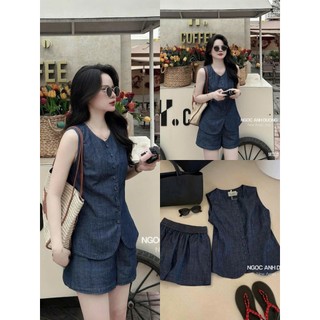 Set bộ thời trang tuổi teen vải jeans cứng áo sát nách cổ tròn phối quần đùi ống rộng lưng chun cá tính trẻ trung
