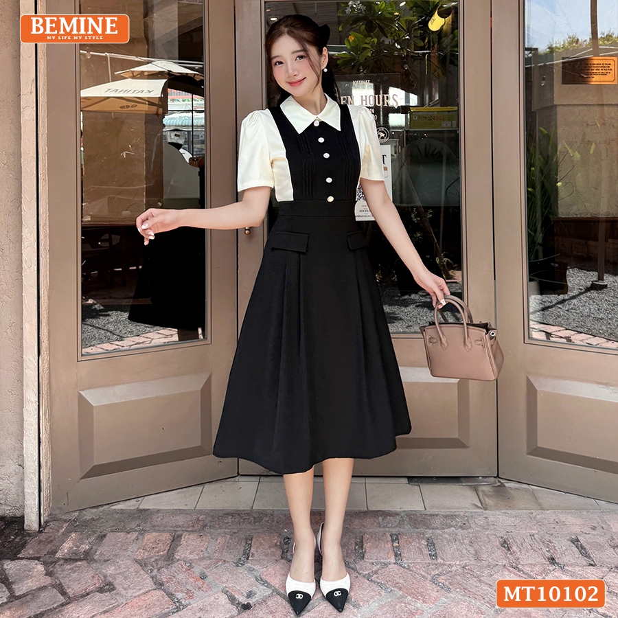 Ảnh Đầm thiết kế BEMINE cổ đức phối xếp ly đính cúc dáng chữ A phù hợp đi làm-MT10102 2