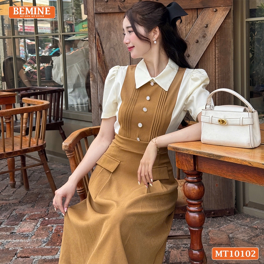 Ảnh Đầm thiết kế BEMINE cổ đức phối xếp ly đính cúc dáng chữ A phù hợp đi làm-MT10102 3