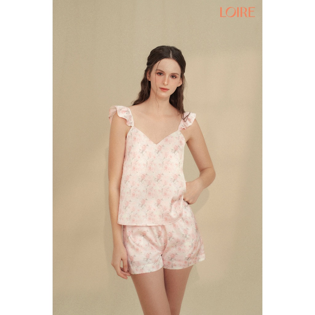 Bộ Đồ Ngủ 2 Dây Họa Tiết Hoa Hồng Pastel Tay Nhún Bèo Loire FDMN250306