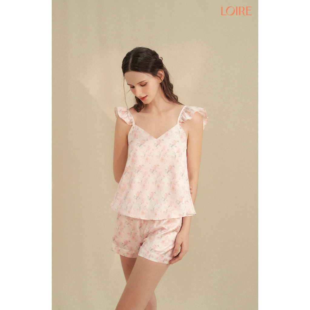 Bộ Đồ Ngủ 2 Dây Họa Tiết Hoa Hồng Pastel Tay Nhún Bèo Loire FDMN250306