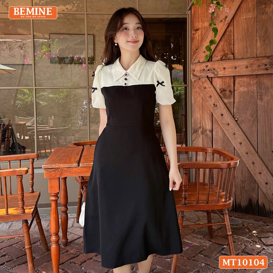 Ảnh Đầm thiết kế BEMINE cổ đức tay phồng đính nơ dáng chữ A phù hợp đi làm, đi chơi-MT10104 3
