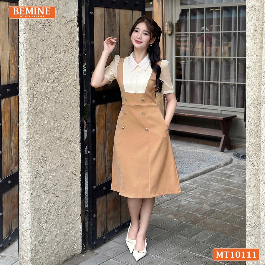 Ảnh Đầm thiết kế BEMINE cổ sơ mi giả yếm dáng chữ A đính cúc phù hợp đi làm, đi dạo phố-MT10111 3