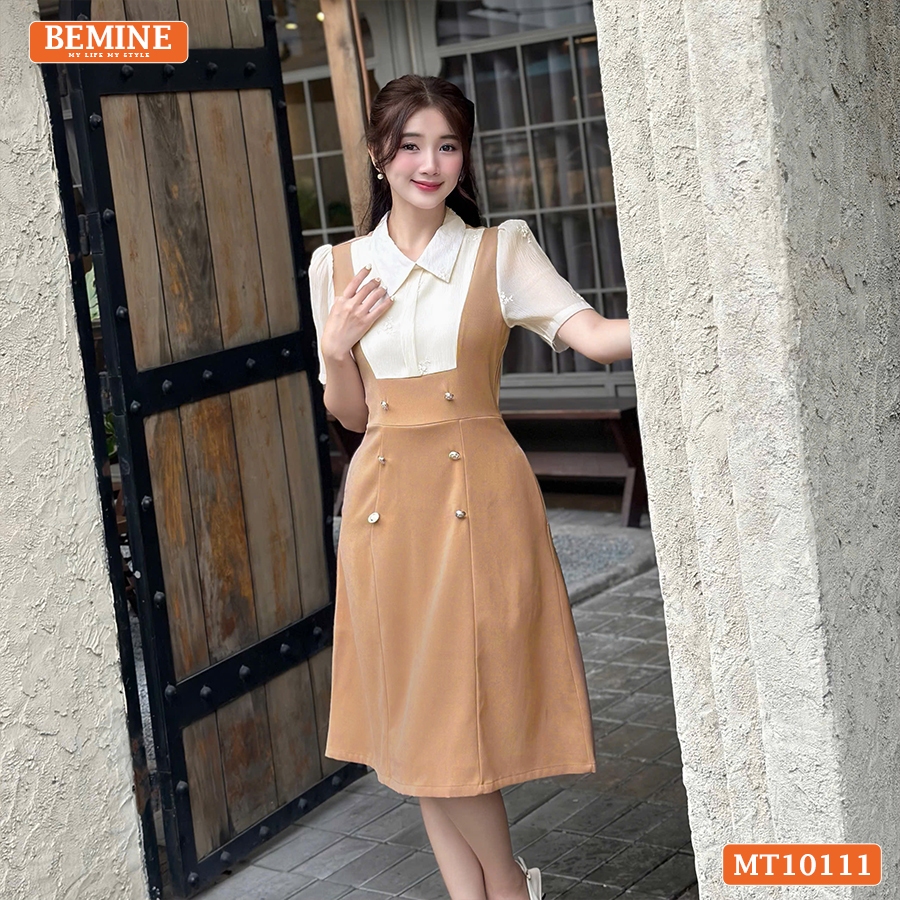 Ảnh Đầm thiết kế BEMINE cổ sơ mi giả yếm dáng chữ A đính cúc phù hợp đi làm, đi dạo phố-MT10111 2
