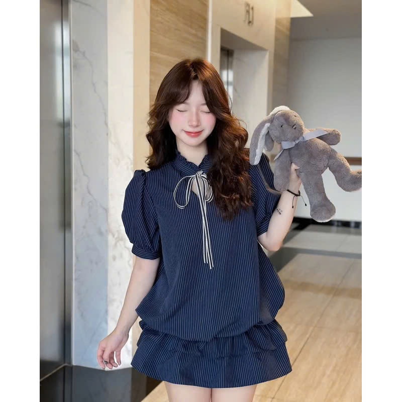 Set Váy Cổ Tàu Kẻ Buộc Nơ Dáng Bí Tay Bồng Kèm Quần Rời Siêu Xinh MS89