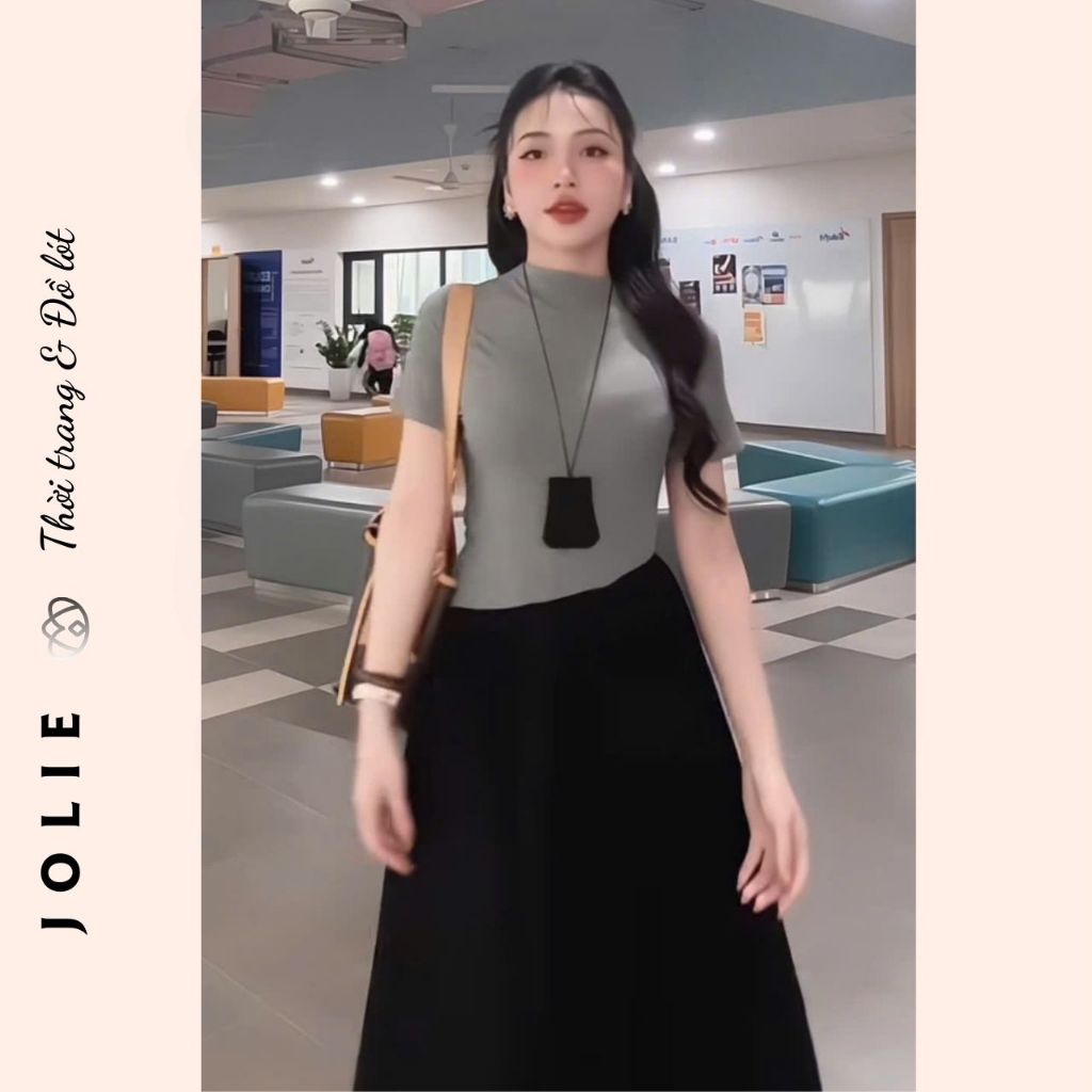 Đầm váy nữ áo thun tay cộc trơn basic tà vạt phối chân váy xòe bồng  JOLIE