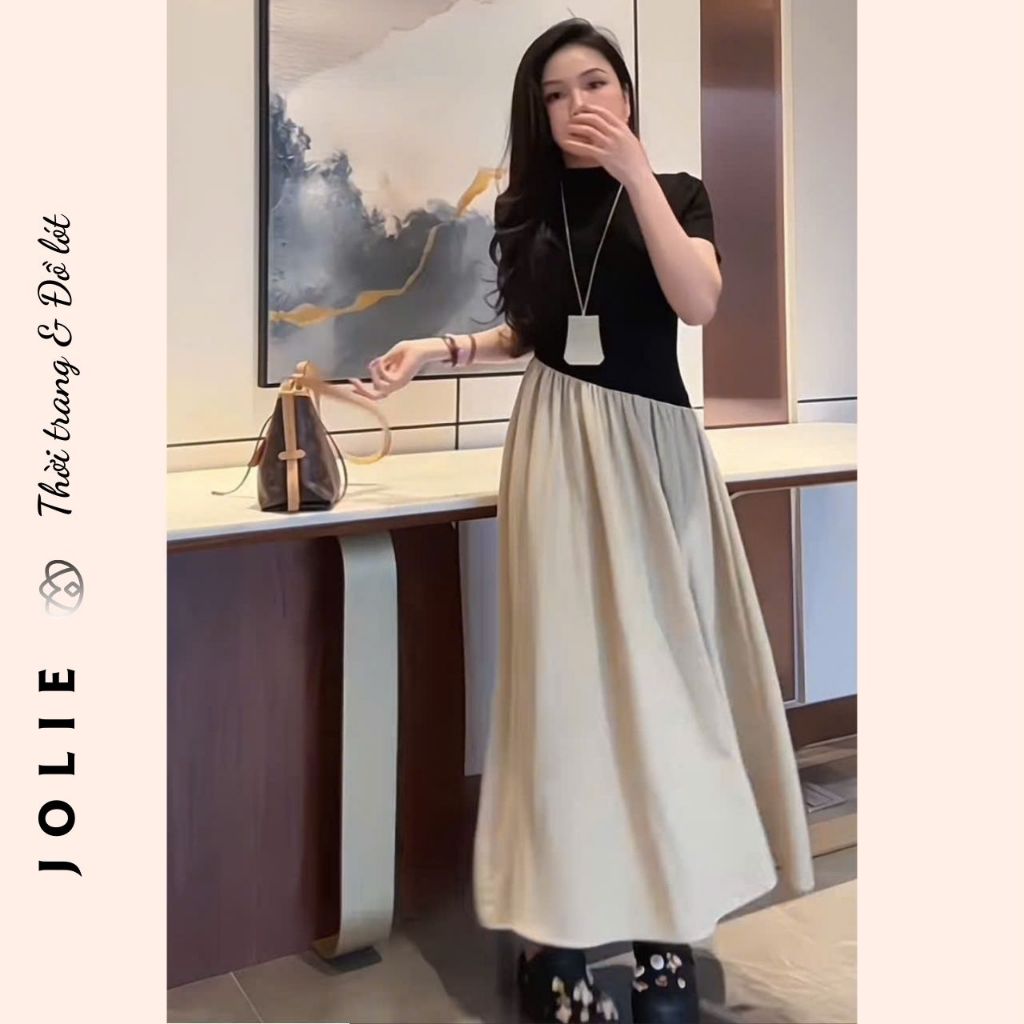 Đầm váy nữ áo thun tay cộc trơn basic tà vạt phối chân váy xòe bồng  JOLIE