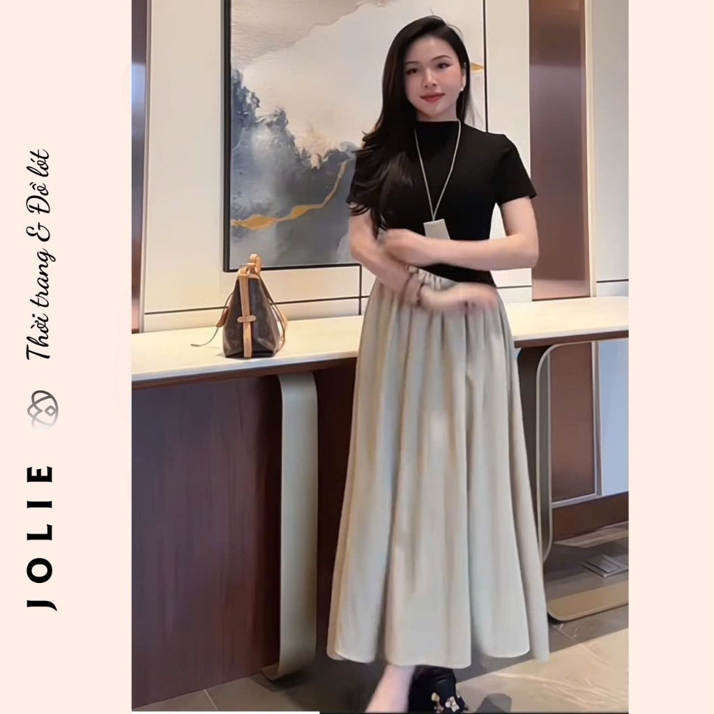 Đầm váy nữ áo thun tay cộc trơn basic tà vạt phối chân váy xòe bồng  JOLIE