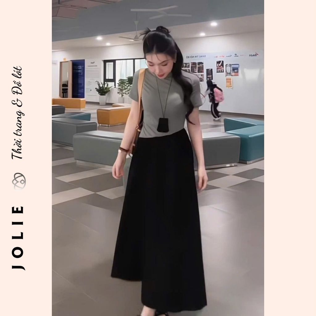 Đầm váy nữ áo thun tay cộc trơn basic tà vạt phối chân váy xòe bồng  JOLIE