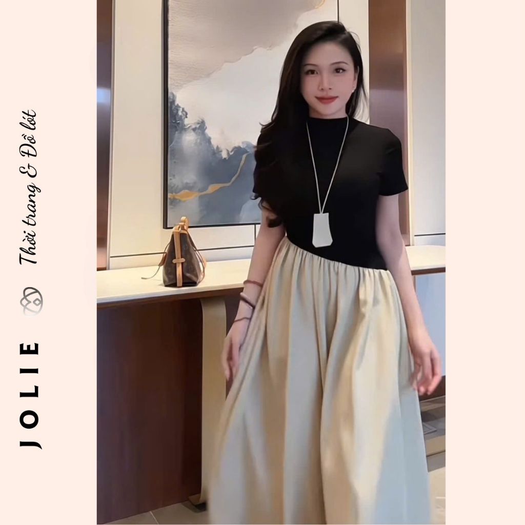 Đầm váy nữ áo thun tay cộc trơn basic tà vạt phối chân váy xòe bồng  JOLIE