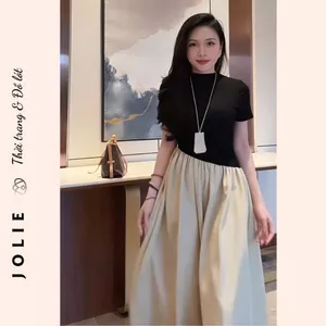 Đầm váy nữ áo thun tay cộc trơn basic tà vạt phối chân váy xòe bồng JOLIE