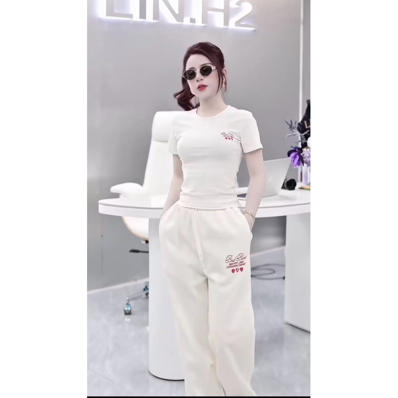Set quần suông rút dây chất cotton cao cấp mix áo thun mát in chữ tim siêu hách dáng phù hợp đi chơi, lễ New 2025