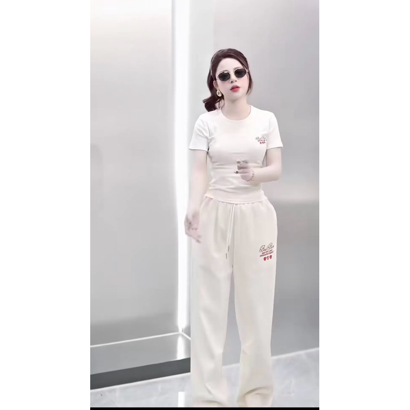 Set quần suông rút dây chất cotton cao cấp mix áo thun mát in chữ tim siêu hách dáng phù hợp đi chơi, lễ New 2025
