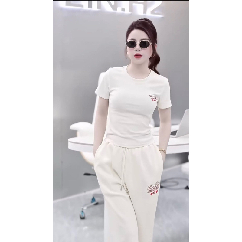Set quần suông rút dây chất cotton cao cấp mix áo thun mát in chữ tim siêu hách dáng phù hợp đi chơi, lễ New 2025