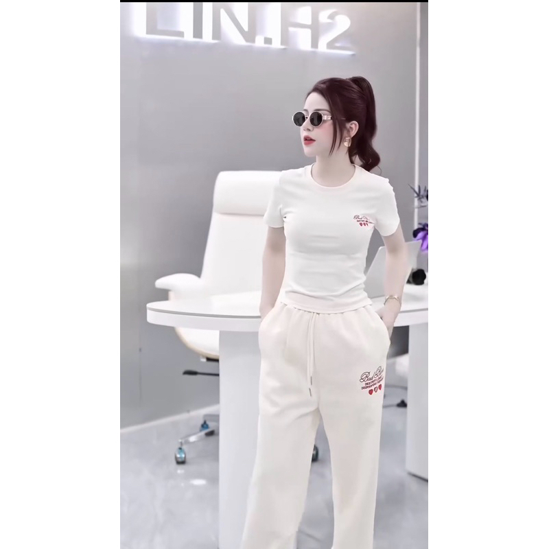 Set quần suông rút dây chất cotton cao cấp mix áo thun mát in chữ tim siêu hách dáng phù hợp đi chơi, lễ New 2025
