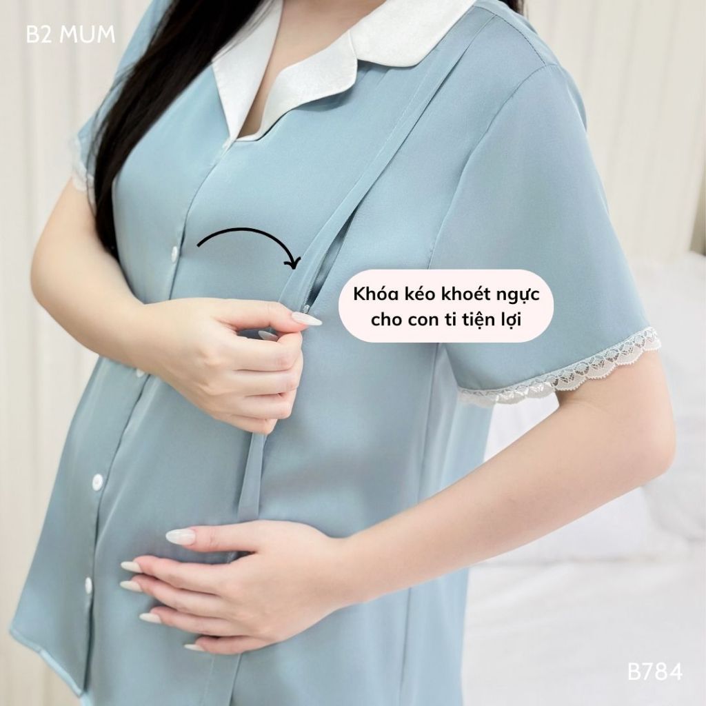 Bộ bầu lụa sooc ren chất liệu lụa mềm mướt, khóa dọc tiện lợi cho bé ti tiện lợi - B784 B2MUM