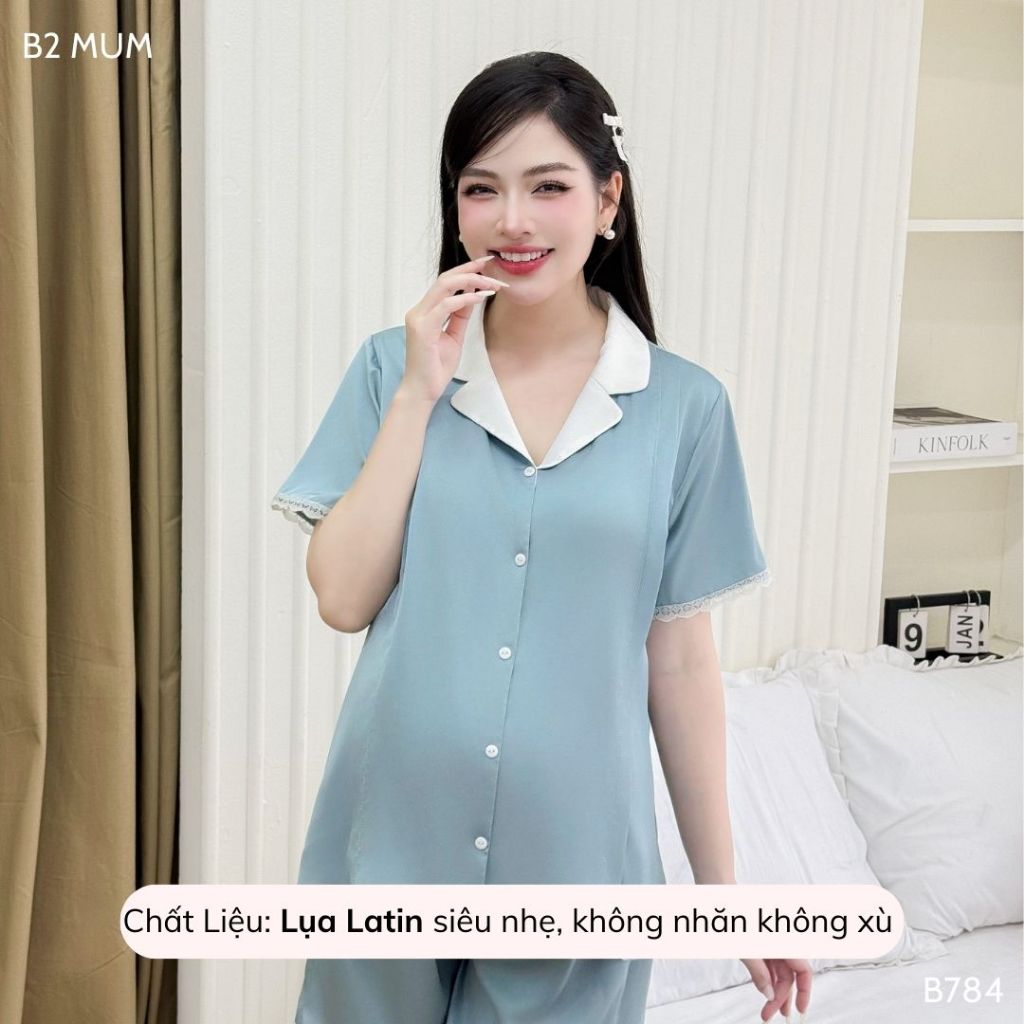Bộ bầu lụa sooc ren chất liệu lụa mềm mướt, khóa dọc tiện lợi cho bé ti tiện lợi - B784 B2MUM