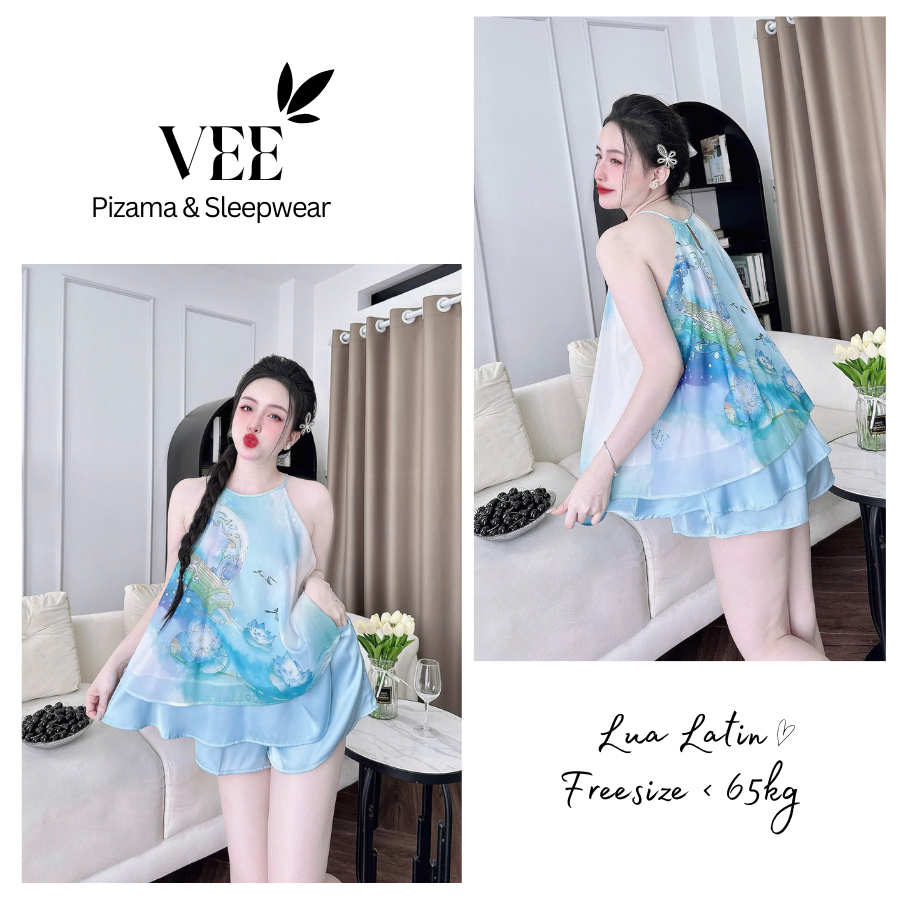 Đồ ngủ nữ sexy VEE đồ bộ mặc nhà quần đùi yếm ngủ 2dây phối họa tiết dễ thương chất liệu mềm mát.