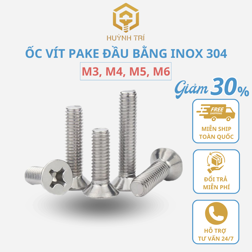 Ốc pake đầu bằng INOX 304 M3 M4 M5 M6 Bu lông inox đầu bằng 10 con ...