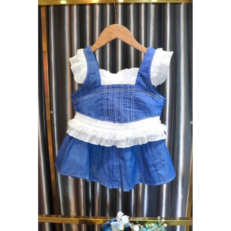 Sét váy jean bé gái Hàng Thiết Kế áo phối ren chân váy ngắn xếp li phù hợp cho mẹ và bé size 15 kg đến 60kg