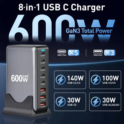 Bộ sạc nhanh trạm sạc Gan 3 100W 140W 200W 600W 800W 8 cổng USB Type C đa cổng Sạc Laptop máy tính xách tay điện thoại