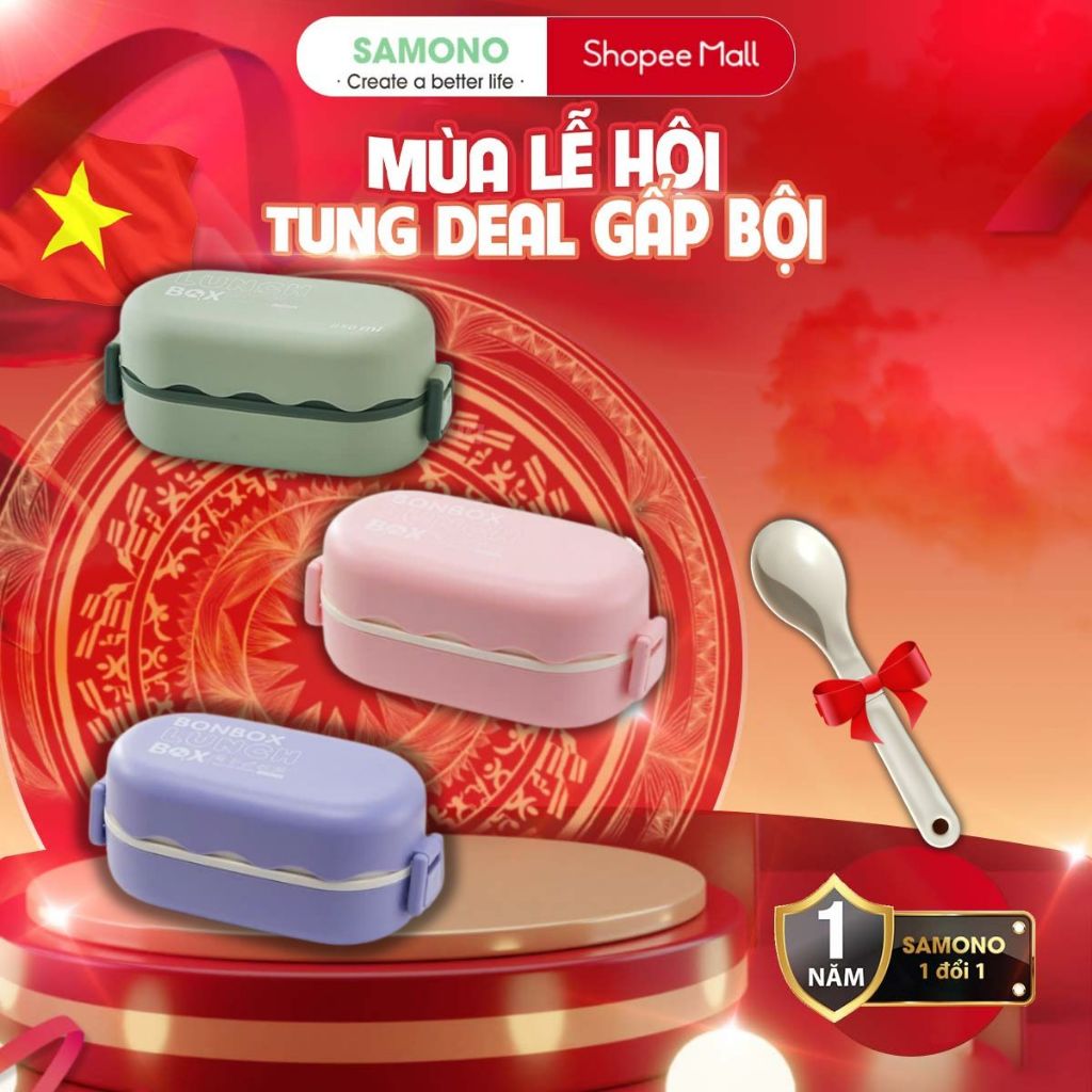 Ảnh Hộp cơm văn phòng Samono BTW30301 dung tích 850ml, 2 tầng 3 ngăn, kèm muỗng, xanh, tím, hồng 1