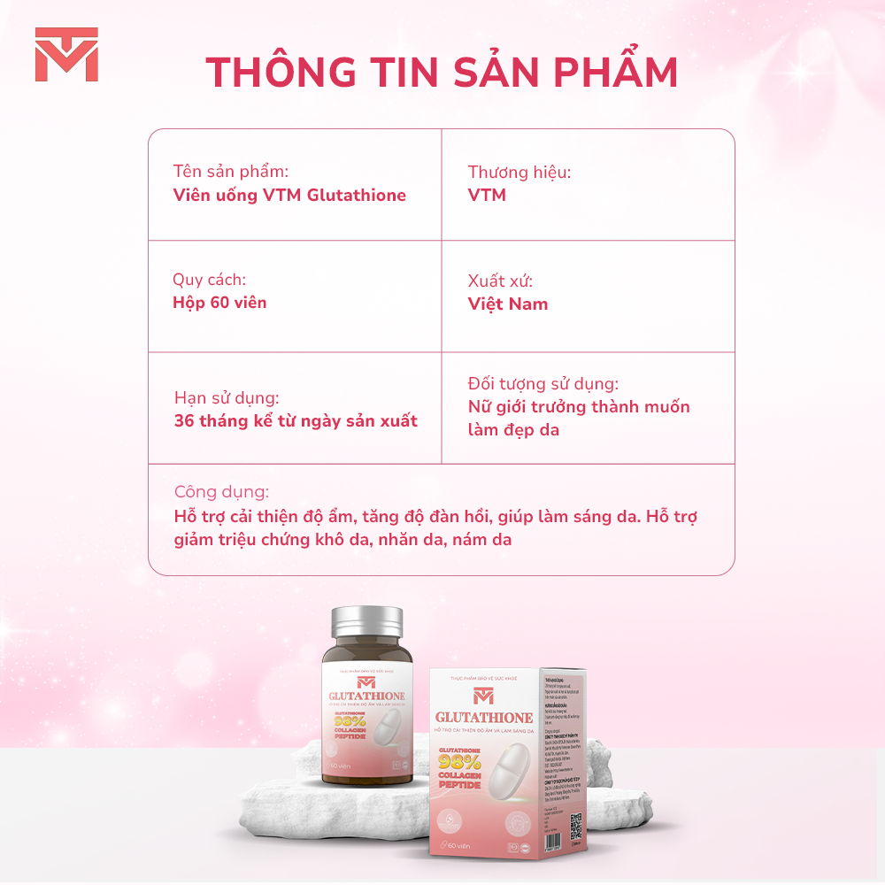 Ảnh Viên uống VTM Glutathione hỗ trợ làm sáng da, hỗ trợ giảm triệu chứng khô da, nhăn da, nám da - hộp 30 ngày 2