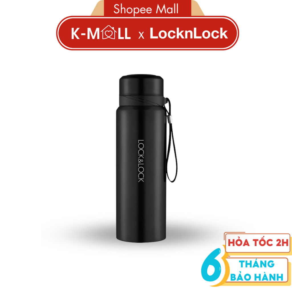 Bình giữ nhiệt LocknLock 800ml Vacuum Bottle LHC6180 Đen. Có khay lọc trà, dây treo xách - K-MALL