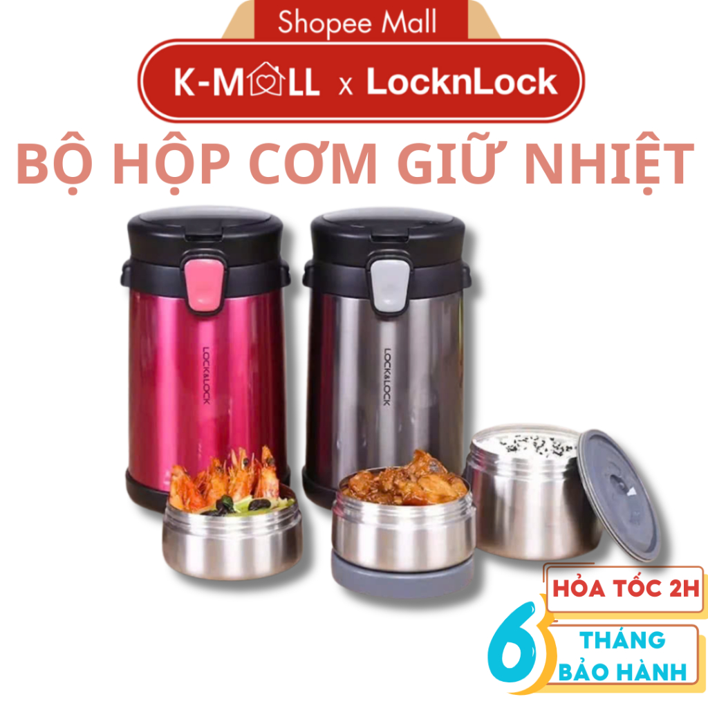 Bộ hộp cơm giữ nhiệt LocknLock Easy Take Lunch Box LHC8034 2L, có Túi, 3 Hộp, Bộ Muỗng Nĩa - K-MALL