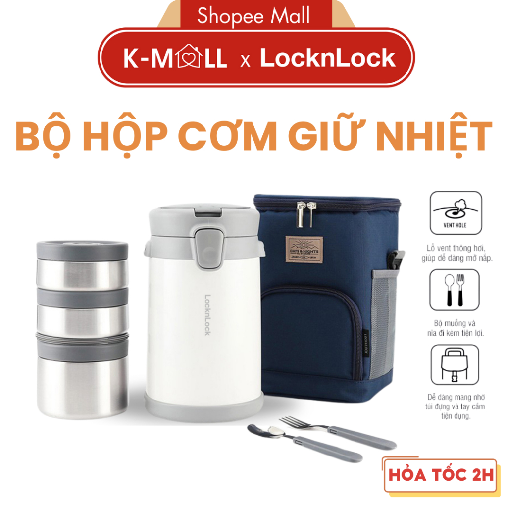 Bộ hộp cơm giữ nhiệt LocknLock LHC8039 2L Màu Trắng có túi đựng, 3 hộp đựng và bộ muỗng nĩa - K-MALL