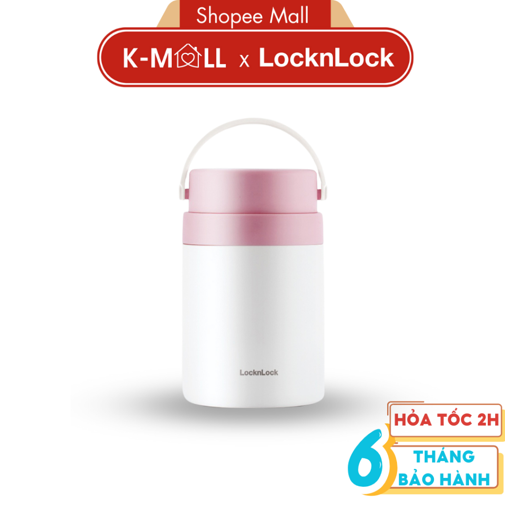 Hộp cơm giữ nhiệt LocknLock Handle Food Jar LHC8042 Màu Hồng 700ml , 2 ngăn kèm muỗng inox - K-MALL